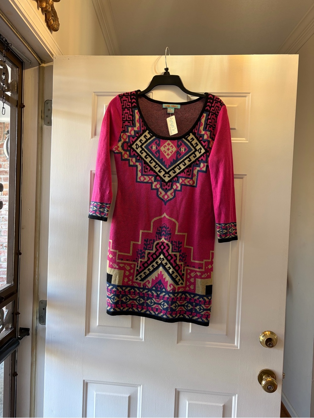 Flying Tomato Hot Pink Aztec Knit Mini Dress with Black & Gold Accents